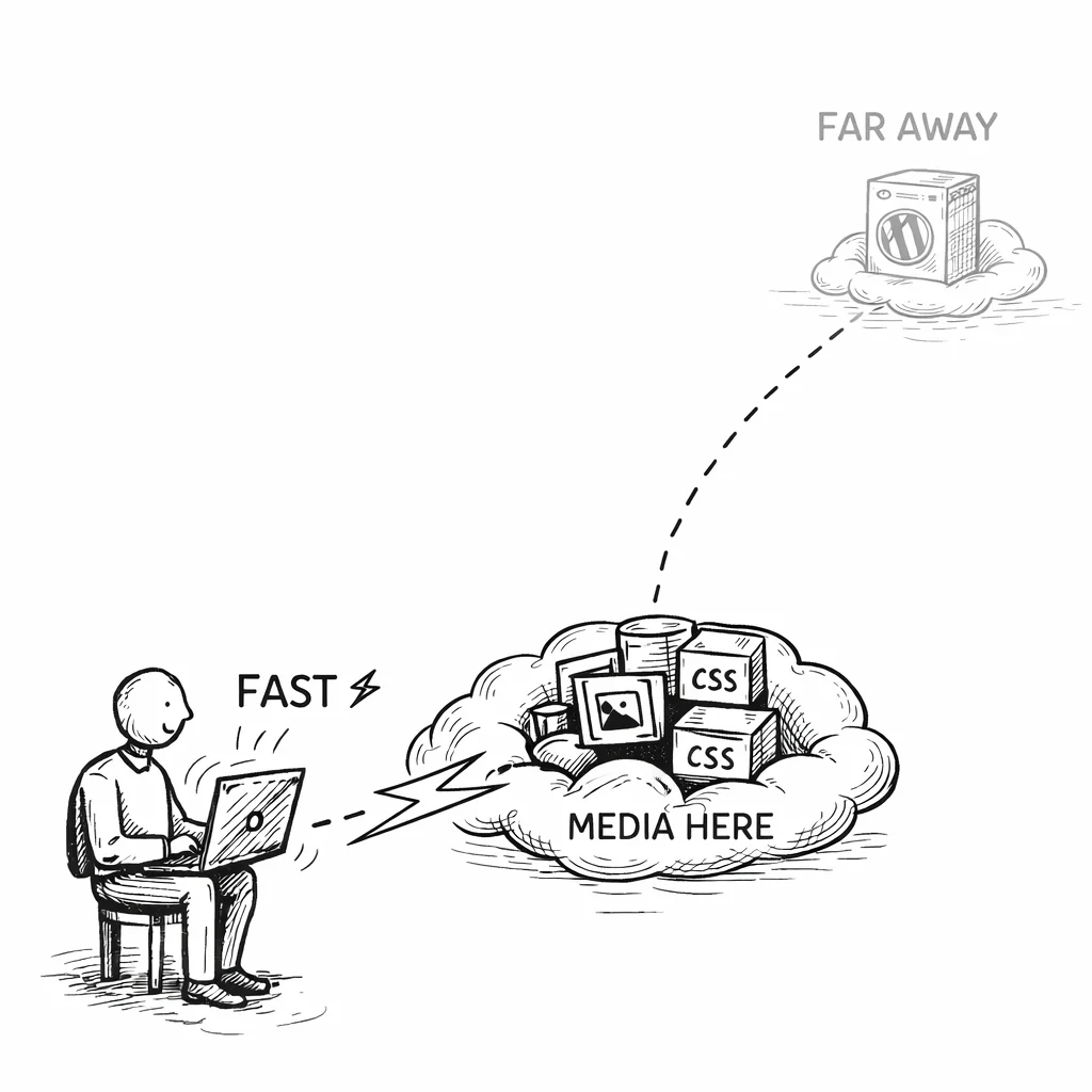 CDN edge delivery: visitor gets media from nearest cloud location