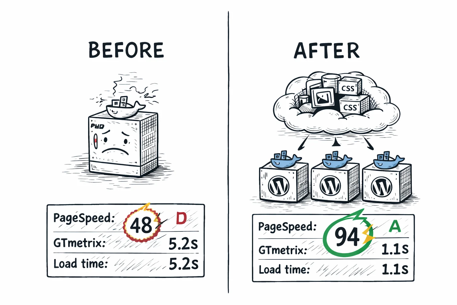 Before and after: PageSpeed 48 to 94, load time 5.2s to 1.1s