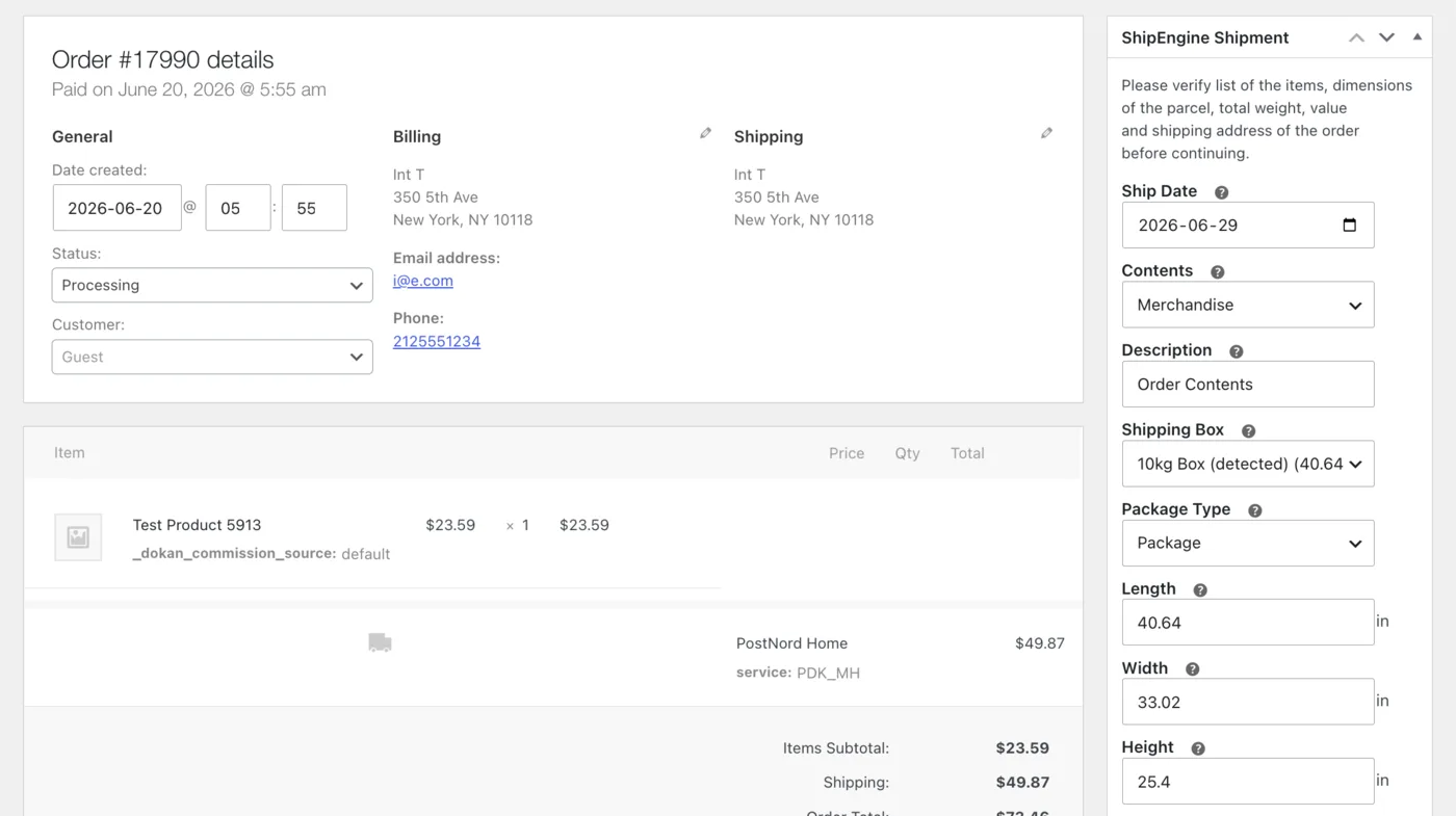 Buying a shipping label from the WooCommerce order screen with auto-detected box and dimensions