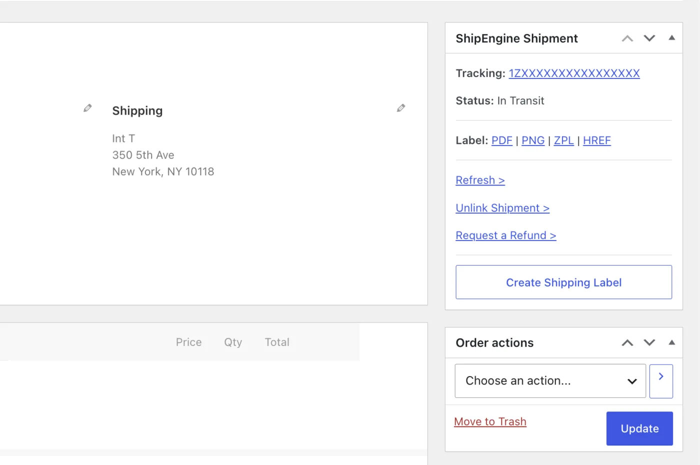 Shipment panel in WooCommerce showing tracking number, status and PDF, PNG and ZPL label downloads