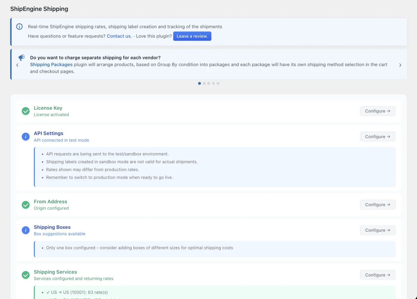ShipEngine Shipping PRO settings dashboard in WooCommerce showing API connection, origin address, boxes and carrier services