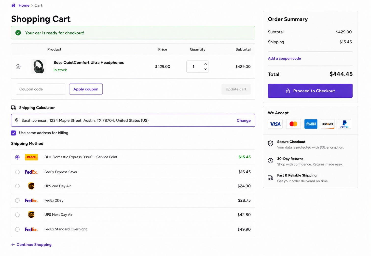 Live ShipStation carrier rates (DHL, FedEx, UPS) shown at WooCommerce checkout with carrier options and prices